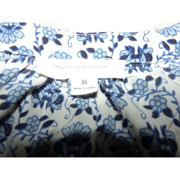 Beach Lunch Lounge silky polyester blouse blue‎ floral retro boho Fall work - Picture 5 of 5
